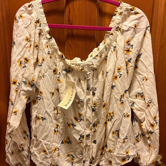 Rewind Tops - Rewind White Blouse with Yellow Floral Design